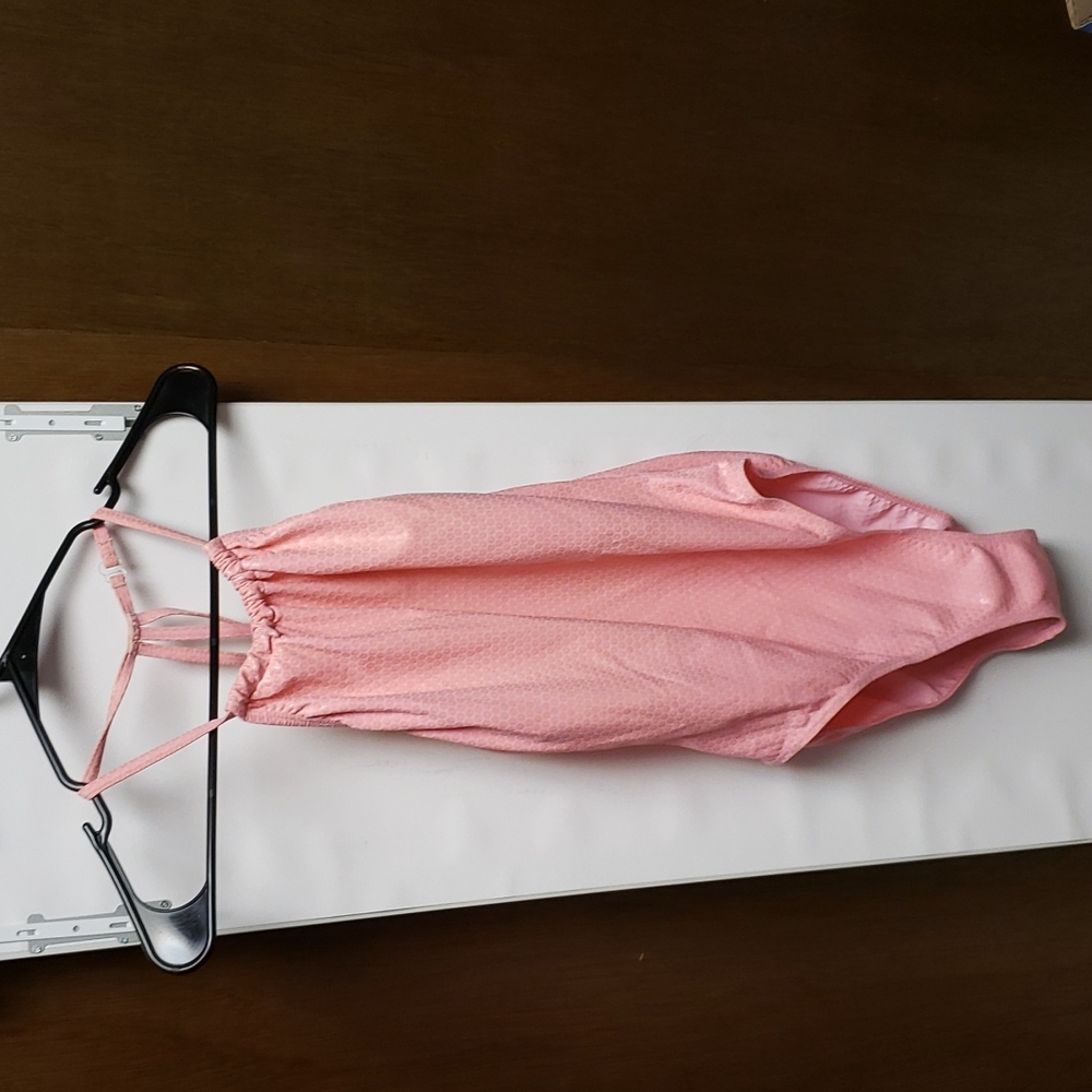 Pink faux leather spandex swimsuit with matching long sleeved top.Hamper#2